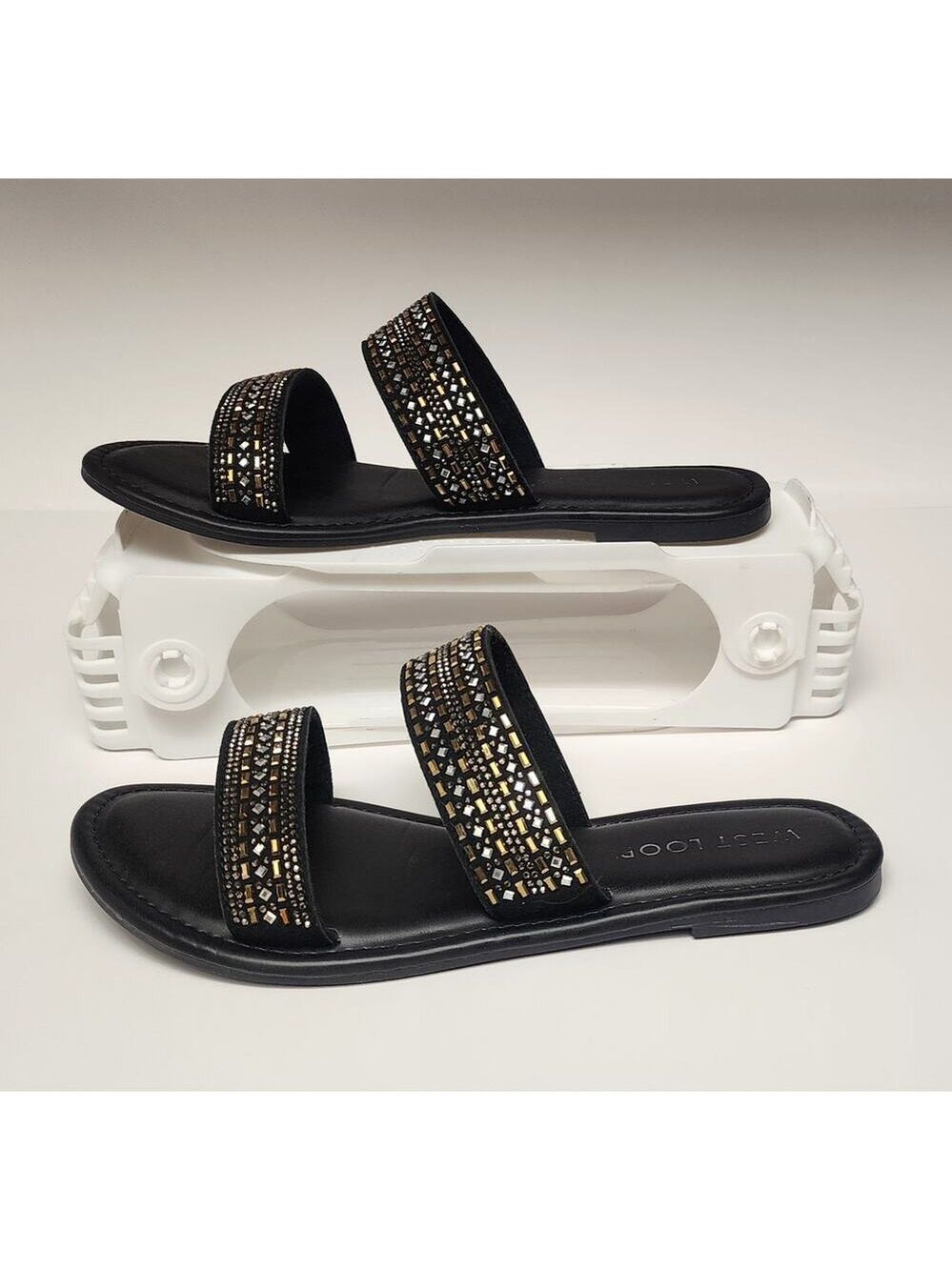 West Loop Women's Black Embellished Flat Open Toe Sandal Shoes Size 7/8